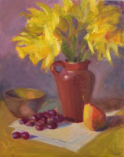 Daffodils, Pear, and Grapes